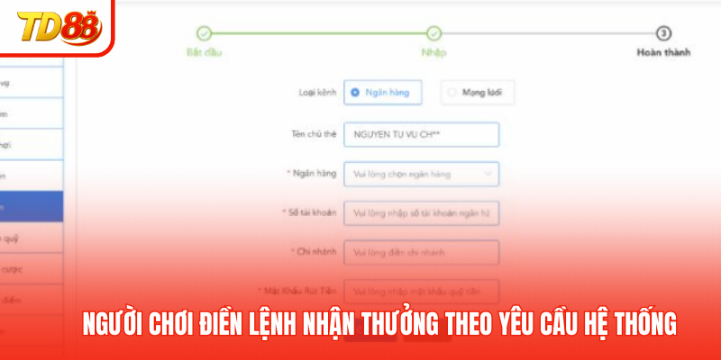 Người chơi điền lệnh nhận thưởng theo yêu cầu hệ thống